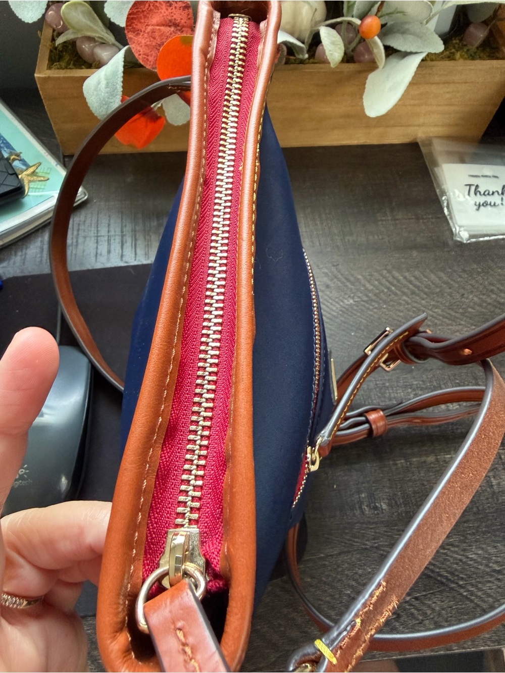 Dooney & Bourke Navy Crossbody with Brown Leather Trim and Red Accent - Picture 11 of 14